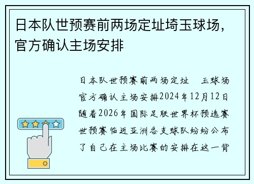 日本队世预赛前两场定址埼玉球场，官方确认主场安排
