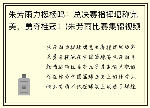 朱芳雨力挺杨鸣：总决赛指挥堪称完美，勇夺桂冠！(朱芳雨比赛集锦视频)