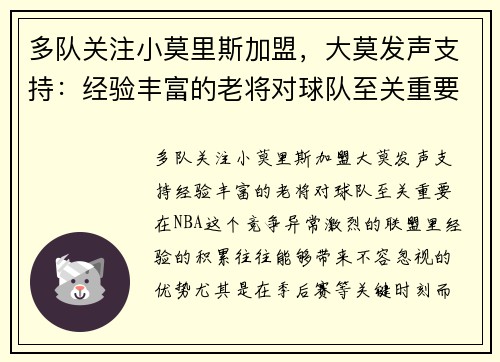 多队关注小莫里斯加盟，大莫发声支持：经验丰富的老将对球队至关重要
