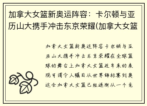 加拿大女篮新奥运阵容：卡尔顿与亚历山大携手冲击东京荣耀(加拿大女篮wnba)