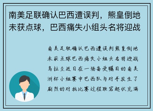 南美足联确认巴西遭误判，熊皇倒地未获点球，巴西痛失小组头名将迎战乌拉圭