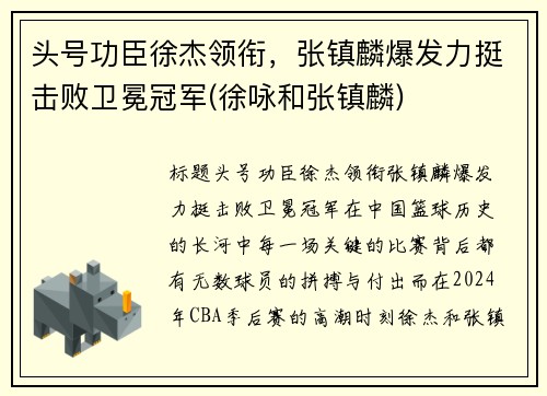 头号功臣徐杰领衔，张镇麟爆发力挺击败卫冕冠军(徐咏和张镇麟)
