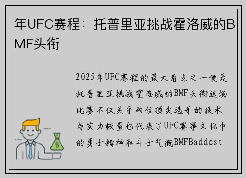年UFC赛程：托普里亚挑战霍洛威的BMF头衔