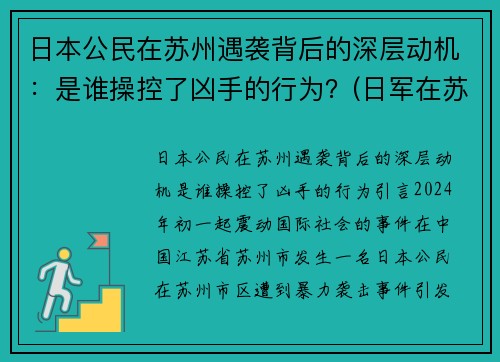 日本公民在苏州遇袭背后的深层动机：是谁操控了凶手的行为？(日军在苏州的罪行)